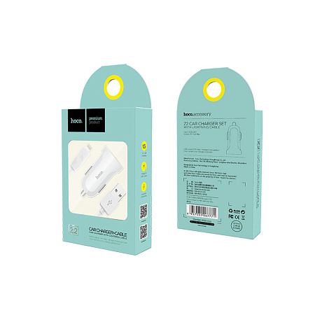 Автомобильное зарядное устройство, 1 USB 1.5A(Z2),  usb cable lightning, HOCO, белый