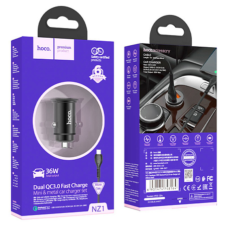 Автомобильное зарядное устройство, 2 USB 3.0 QC (NZ1) 36W, HOCO, кабель Micro, черный