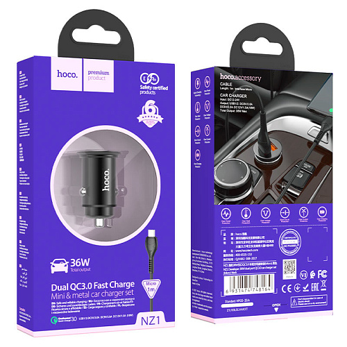 Автомобильное зарядное устройство, 2 USB 3.0 QC (NZ1) 36W, HOCO, кабель Micro, черный