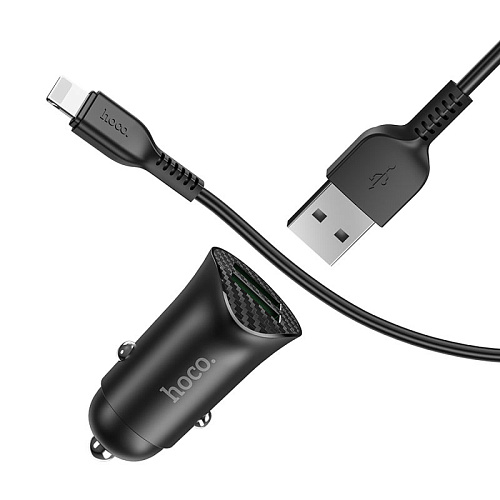 Автомобильное зарядное устройство, 2 USB 3.0 QC (Z39), 18W, HOCO, кабель lightning, черный