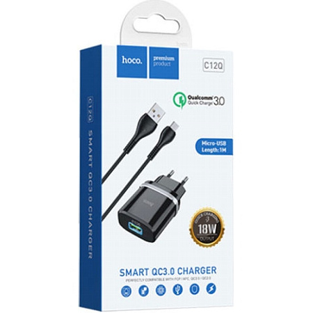 Сетевое зарядное устройство, 1 USB 3.0A (C12Q), HOCO, Micro, черный