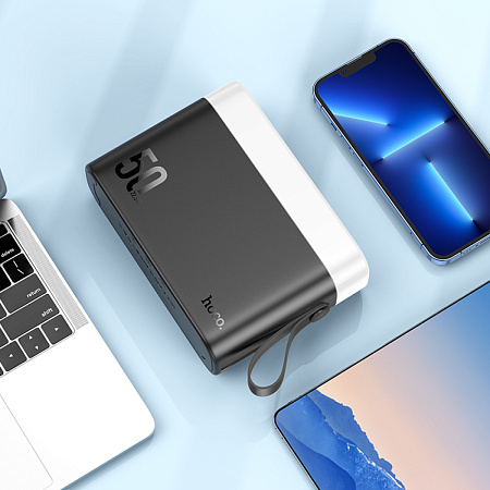 Универсальный Доп. Аккумулятор 50000mAh, J94A, HOCO, выход: 2 USB (22.5W)+1 PD (20W), с фонариком и дисплеем,  черный
