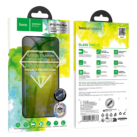 Защитное стекло для iPhone 16 Pro Max, A34 Plus, HOCO, Антишпионское стекло, черное