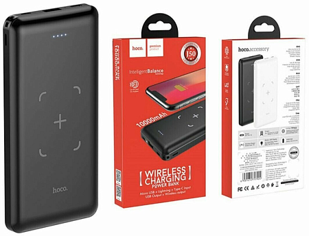 Универсальный Доп. Аккумулятор 10000mAh, J50, HOCO, c беспроводной зарядкой черный