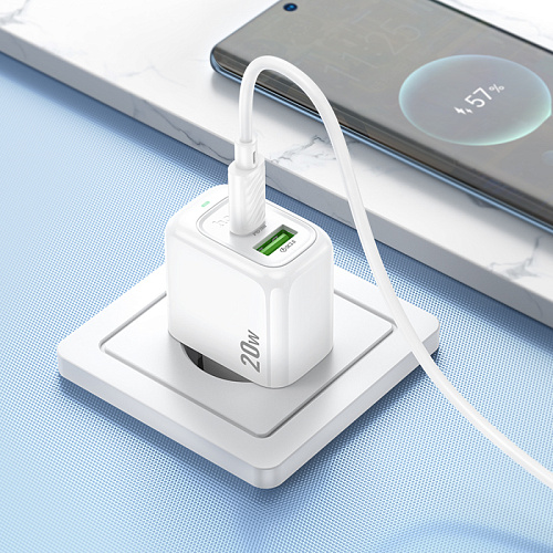 Сетевое зарядное устройство, 1 PD 20W + 1 USB 3.0 QC (CS54A), HOCO, белый