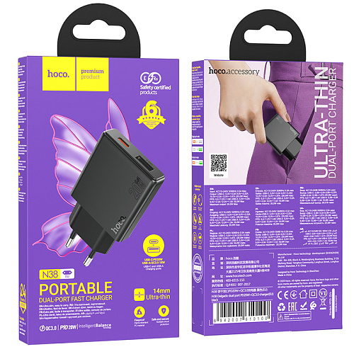 Сетевое зарядное устройство, 1 PD 20W + 1 USB 3.0 QC (N38), HOCO, черный