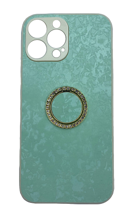 Чехол силиконовый для iPhone 13 Pro Max (6.7), с подставкой кольцом на палец со стразами, X-CASE, бирюзовый