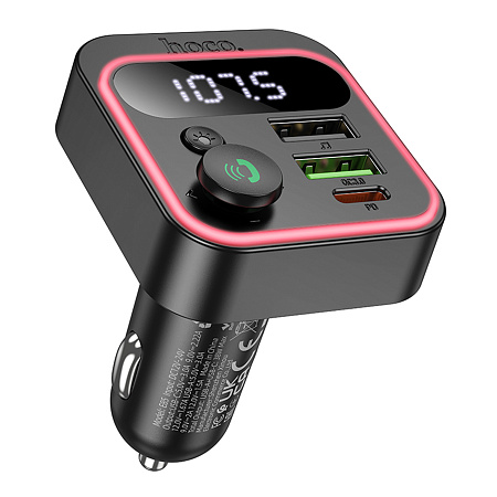 Bluetooth FM модулятор, E85 Tiger, HOCO, 1 USB QC3.0+1 PD (20Вт)+1 USB 5V/0.5A (для USB накопителя), черный