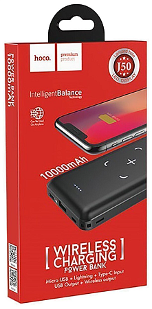 Универсальный Доп. Аккумулятор 10000mAh, J50, HOCO, c беспроводной зарядкой черный