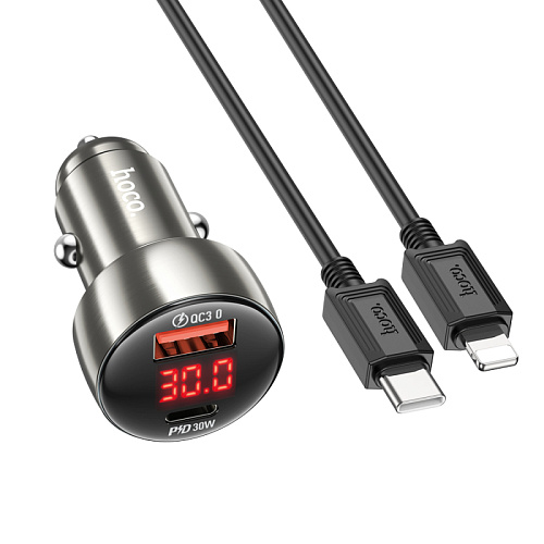 Автомобильное зарядное устройство, 1 USB 18W+1 PD 30W (Z50), HOCO, кабель Type-С to Lightning, серый