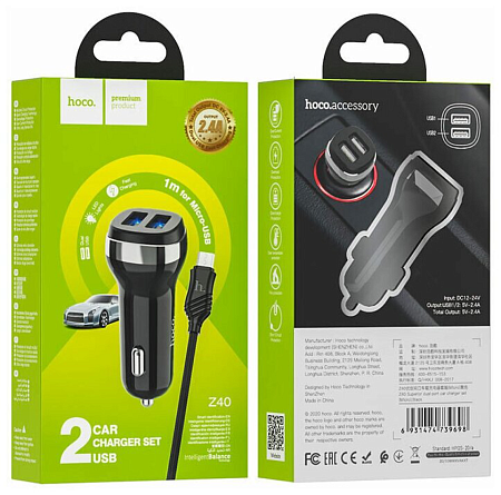 Автомобильное зарядное устройство, 2 USB 2.4A (Z40), usb cable micro, HOCO, черный