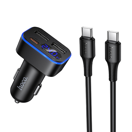 Автомобильное зарядное устройство, 2 USB QC3.0 12W, 1 PD 30W (Z63A), HOCO, кабель Type-C to Type-C, черный