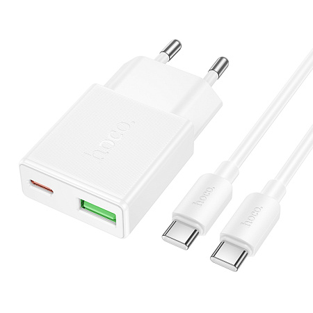 Сетевое зарядное устройство, 1 PD 20W + 1 USB 3.0 QC (N73), HOCO, Type-C to Type-C, белый