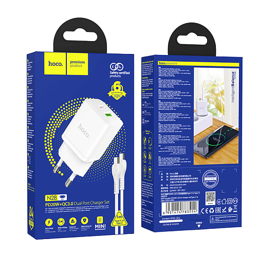 Сетевое зарядное устройство, 1 PD 18W + 1 USB 3.0 QC (N28), HOCO, Type-C to Type-C, белый