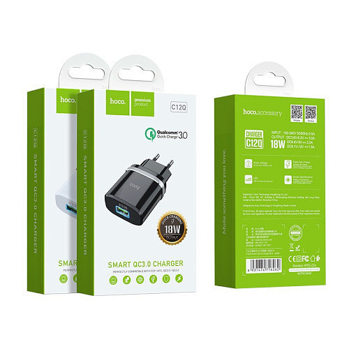 Сетевое зарядное устройство, 1 USB 3.0A (C12Q), HOCO, белый