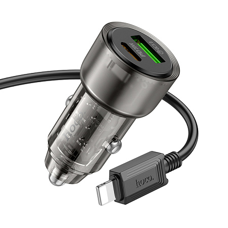 Автомобильное зарядное устройство, 1 USB 18W, 1 PD 20W (Z52), HOCO, кабель Type-С to Lightning, черный