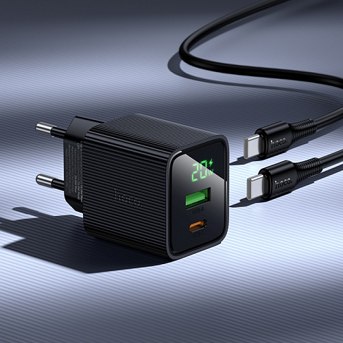 Сетевое зарядное устройство, 1 PD 20W + 1 USB 3.0 QC (CS83A), HOCO, Type-C to Type-C, с дисплеем, черный