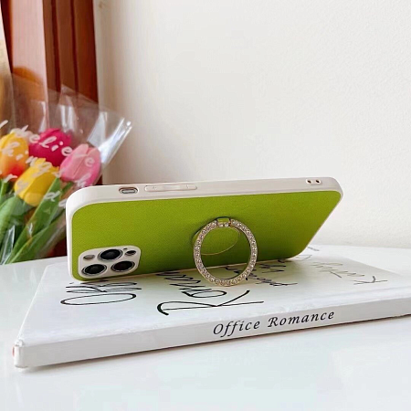 Чехол силиконовый для iPhone 13 Pro Max (6.7), текстурный с подставкой кольцом на палец со стразами, X-CASE, салатовый