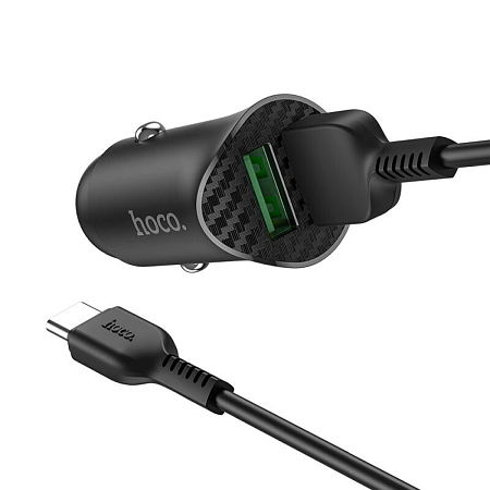 Автомобильное зарядное устройство, 2 USB 3.0 QC (Z39), 18W, HOCO, кабель Type-C, черный