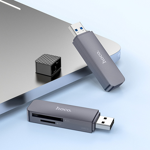 Картридер 2 в 1, USB 3.0, HB45, HOCO, поддержка TF/SD карт, серый