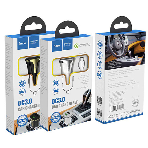 Автомобильное зарядное устройство, 2 USB 3.4A 18W QC3.0 (Z31), usb cable Micro, HOCO, черный