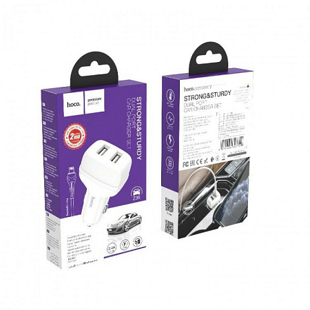 Автомобильное зарядное устройство, 2 USB 2.4A (Z36), usb cable lightning, HOCO, белый