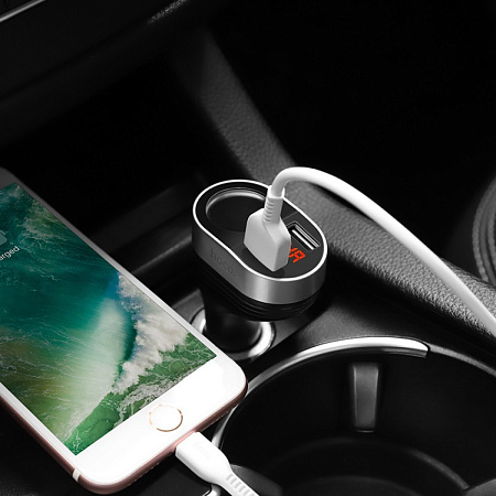 Разветвитель прикуривателя на 2 USB +1 прикуриватель  (display) Z29, с дисплеем, черный