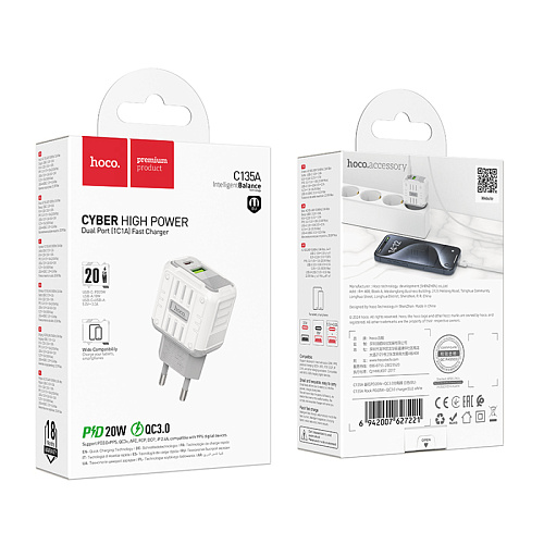 Сетевое зарядное устройство, 1 PD 20W + 1 USB 3.0 QC (C135A), HOCO, белый