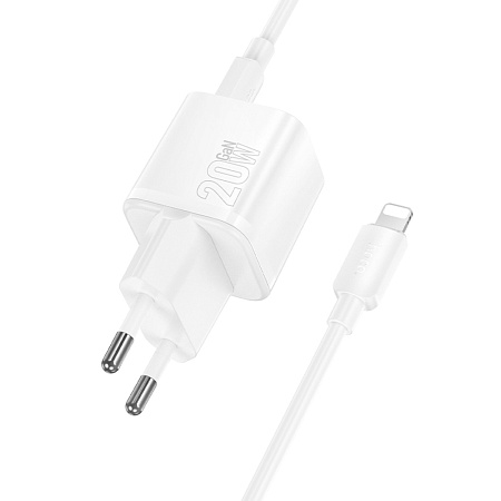 Сетевое зарядное устройство, 1 PD 20W + 1 USB 3.0 QC (N65), HOCO, Type-C to Lightning, белый