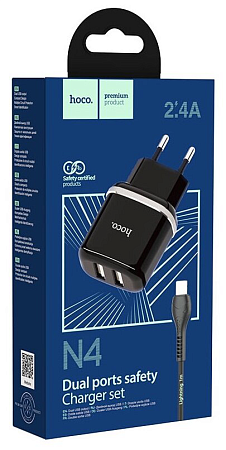 Сетевое зарядное устройство, 2 USB 2.4A 12W (N4), HOCO, Lightning, Умная зарядка, черный