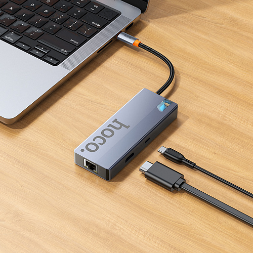 USB Хаб (HB51) с 1 Type-C на HDTV+RJ45+PD+3 USB 3.0, HOCO, серый