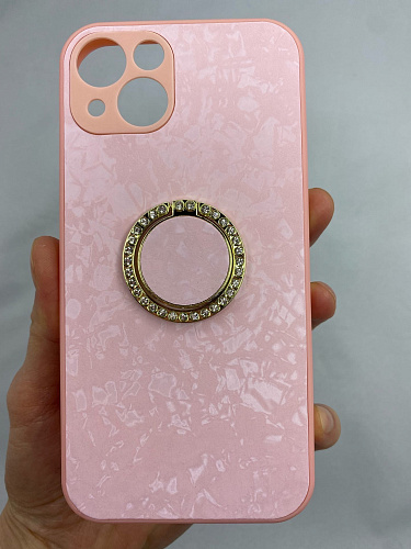 Чехол силиконовый для iPhone 13 (6.1), с подставкой кольцом на палец со стразами, X-CASE, розовый