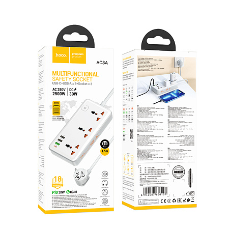 Сетевой фильтр на 3 розетки, 1 USB (18W QC)+ 2 USB, 1 PD (30W), 1.5м, AC8A, HOCO, белый