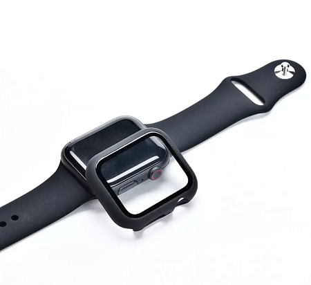 Защитное стекло на Apple Watch, 45mm, черное с силиконовым чехлом