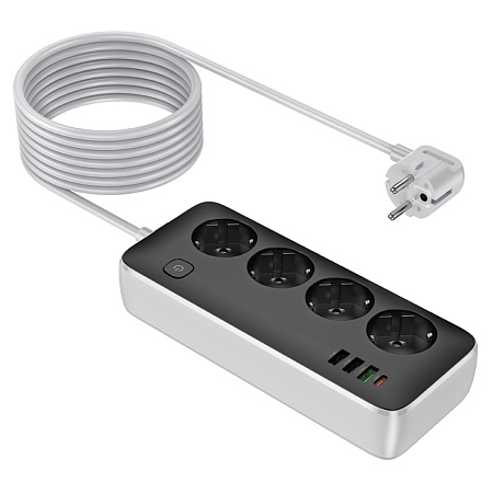 Сетевой фильтр на 4 розетки+3 USB+1 PD(30Вт), 3 м, AC22, Sunlight, HOCO, черный