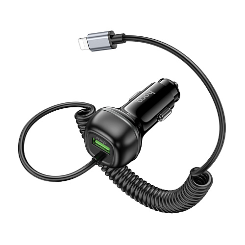 Автомобильное зарядное устройство, 1 USB QC3.0 18W, витой кабель Lightning (Z58B), HOCO, черный