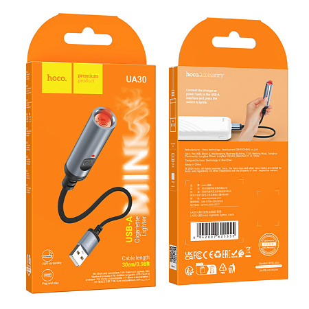 Зажигалка USB, UA30, HOCO, черный