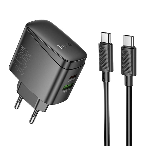 Сетевое зарядное устройство, 1 PD 65W + 1 USB 18W (CS63A), HOCO, Type-C to Type-C, черный