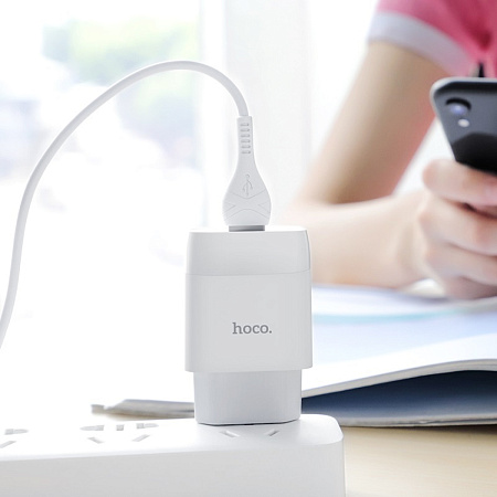 Сетевое зарядное устройство, 2 USB 2.4A (C73A), HOCO, Lightning, белый