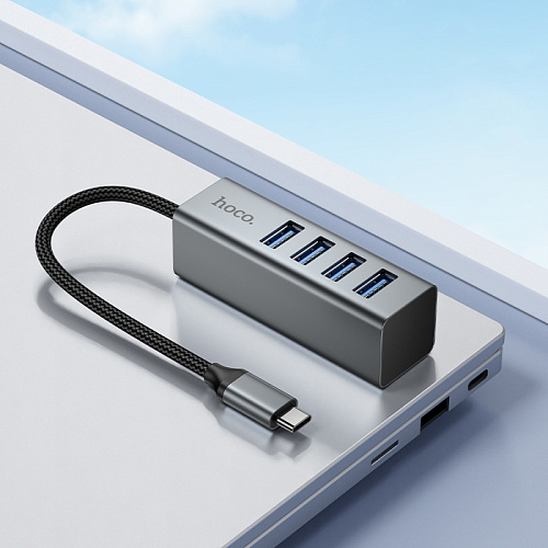 USB Хаб (HB1C) c 1 Type-C на 4 USB 3.0, HOCO, скорость передачи: до 5 Гбит/с, серый