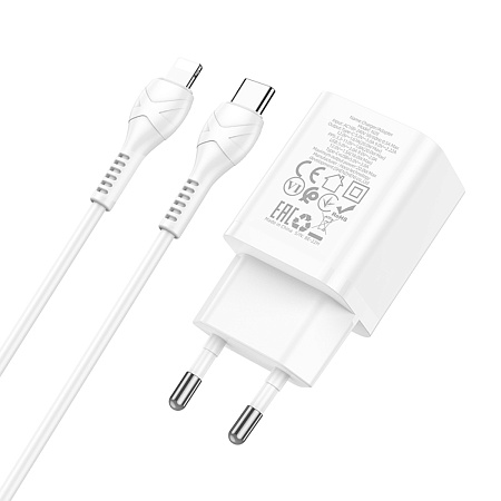 Сетевое зарядное устройство, 1 PD 18W + 1 USB 3.0 QC (N28), HOCO, Type-C to Lightning, белый
