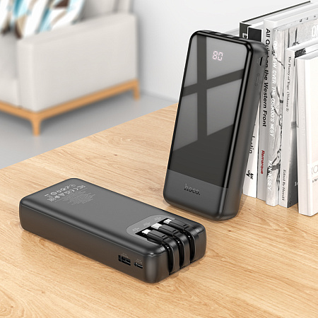 Универсальный Доп. Аккумулятор 20000mAh, J114A, HOCO, 1 USB (5V/2.0A), кабель Lightning/Type-C/Micro, черный