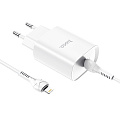 Сетевое зарядное устройство, 1 PD 20W + 1 USB 3.0 QC (N14), HOCO, Type-C to Lightning, Умная зарядка, белый