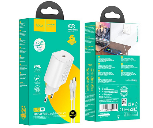 Сетевое зарядное устройство, 1 PD 25W (N22), HOCO, Type-C to Lightning, Безопасный сертификат, белый