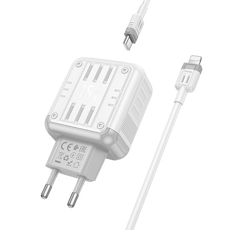 Сетевое зарядное устройство, 1 PD 45W + 1 USB 3.0 QC (C136A), HOCO, Type-C to Lightning, белый