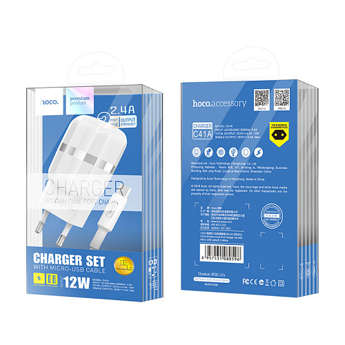 Сетевое зарядное устройство, 2 USB 2.4A (C41A), HOCO, Micro, белый