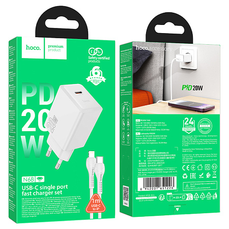 Сетевое зарядное устройство, 1 PD 20W (N68), HOCO, Type-C to Lightning, белый