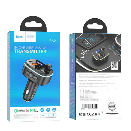 Bluetooth FM модулятор, E62, HOCO, 1 PD 20W+1 QC3.0+1 USB, черный