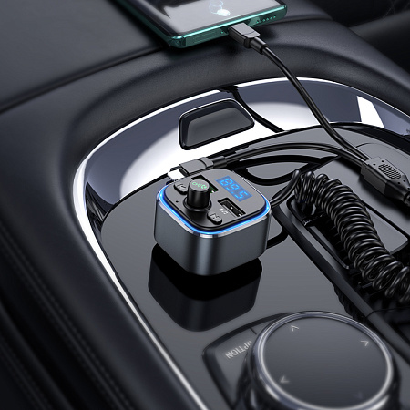 Bluetooth FM модулятор, E74, HOCO, с кабелем Type-C и Lightning, серый