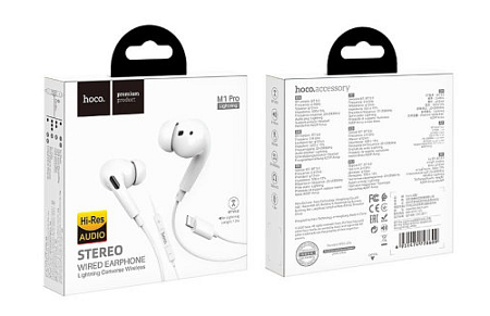 Проводные наушники M1 Pro, Lightning, HOCO, вакуумные с микрофоном, белые